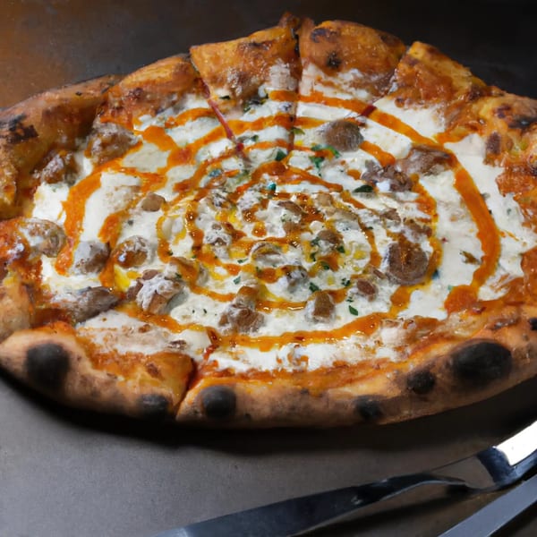 A whole Two Cousins pizza with white sauce, sausage, and a swirl of orange hot sauce.