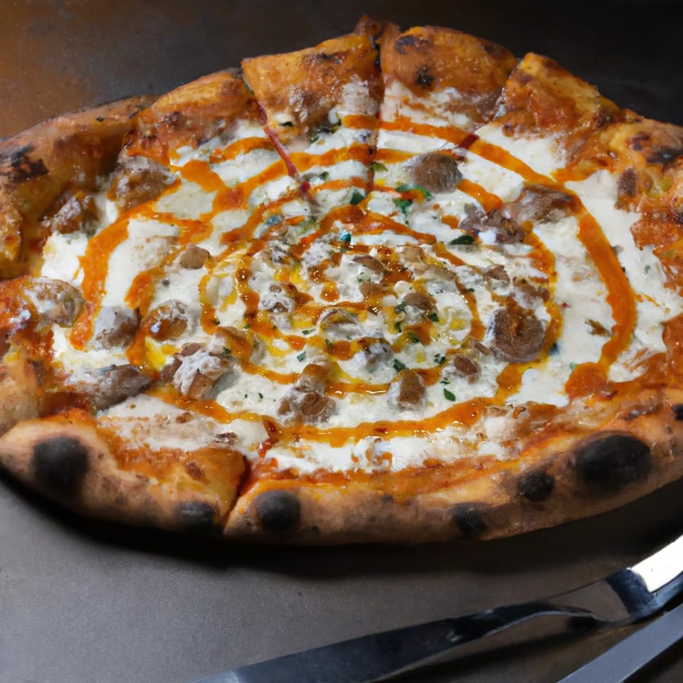 A whole Two Cousins pizza with white sauce, sausage, and a swirl of orange hot sauce.