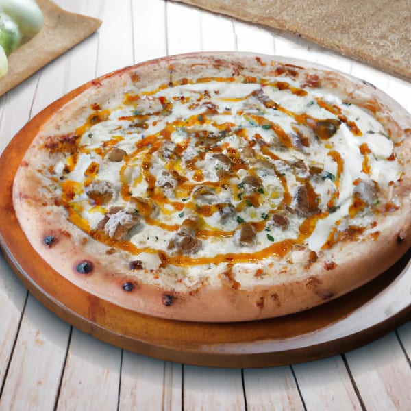 A Two Cousins Pizza with white sauce, meat, and a swirl of orange sauce on a wooden board.