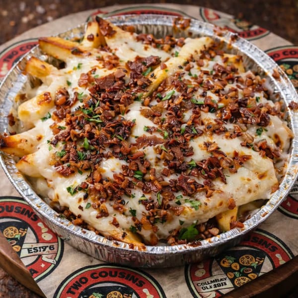 Cheesy bacon fries in a foil container on a Two Cousins Pizza branded paper liner.