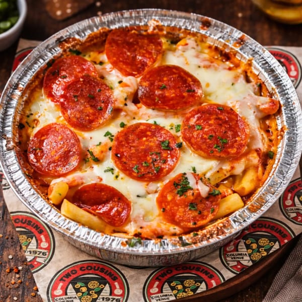 A baked dish from Two Cousins Pizza with pepperoni, melted cheese, and pasta in a foil container.