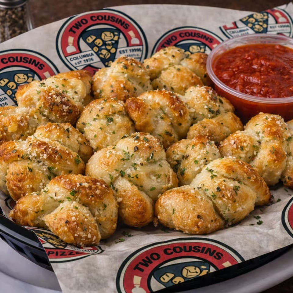 Two Cousins Pizza garlic knots with parmesan and parsley, served with marinara sauce.