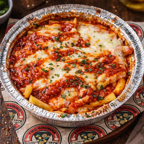 Baked ziti with melted cheese and red sauce in a foil pan on a branded paper liner.