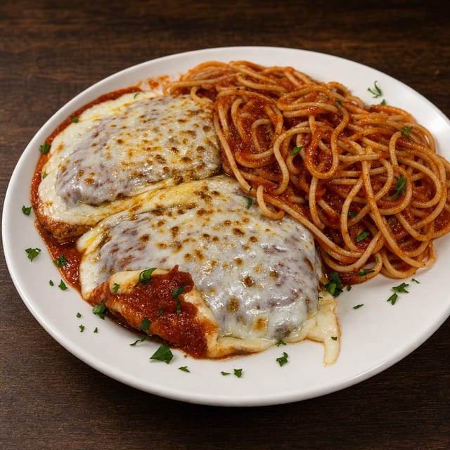 Half Tray Chicken Parm W/Spaghetti.