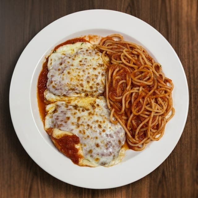 Half Tray Chicken Parm W/Spaghetti.